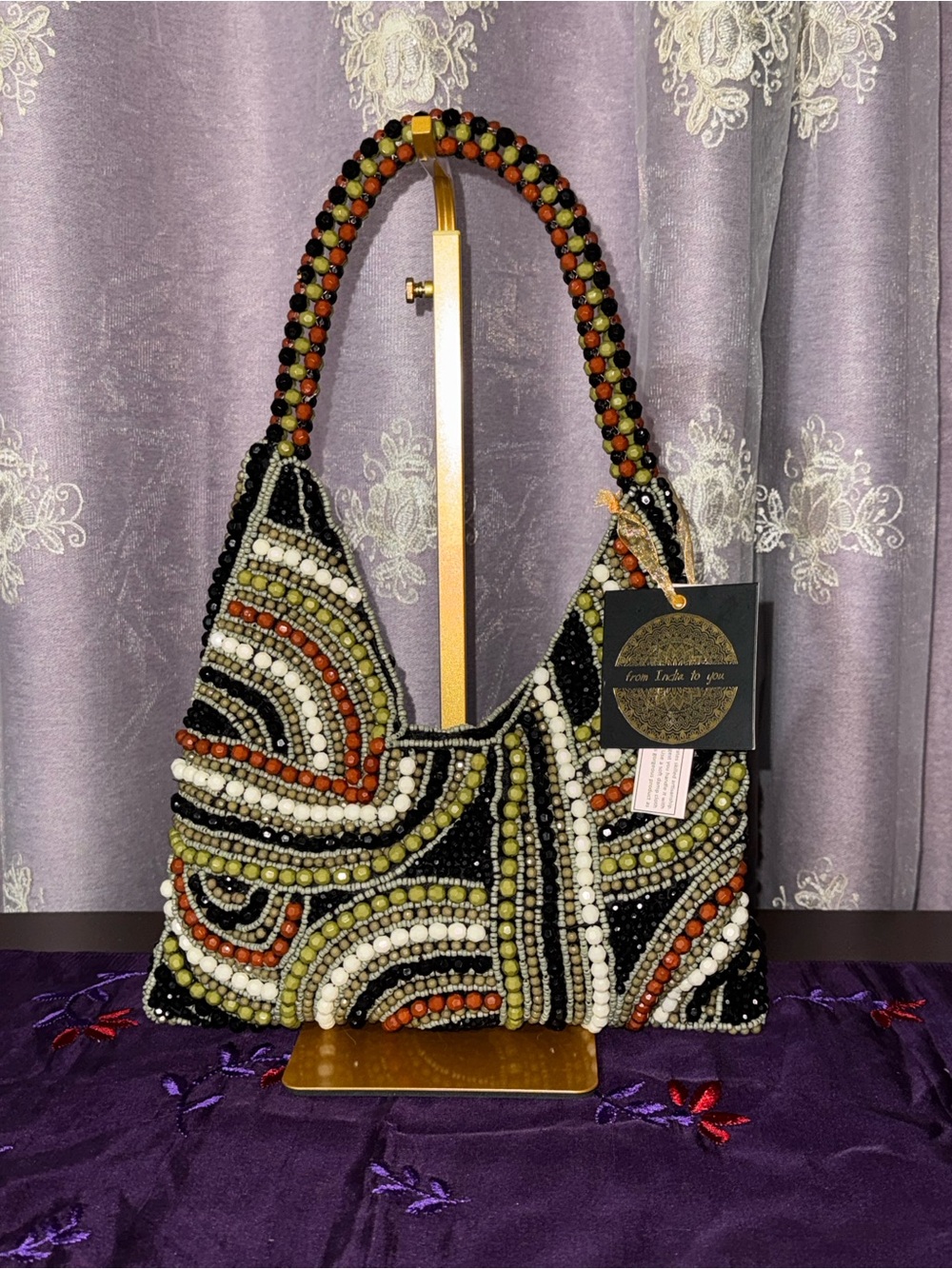 NWT From India To You Abstract Retro Swirl Beaded Shoulder Bag
